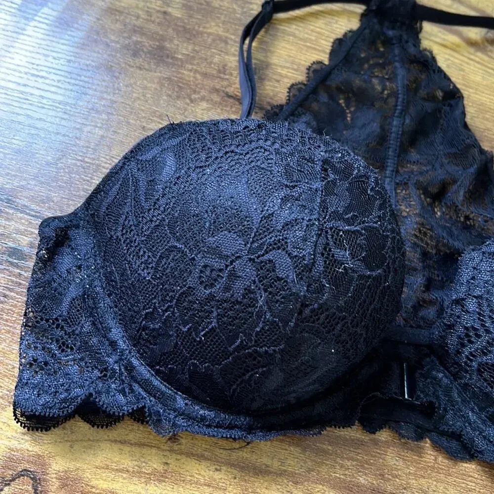 PINK Black Floral Lacey Push Up Date Racerback Bra
